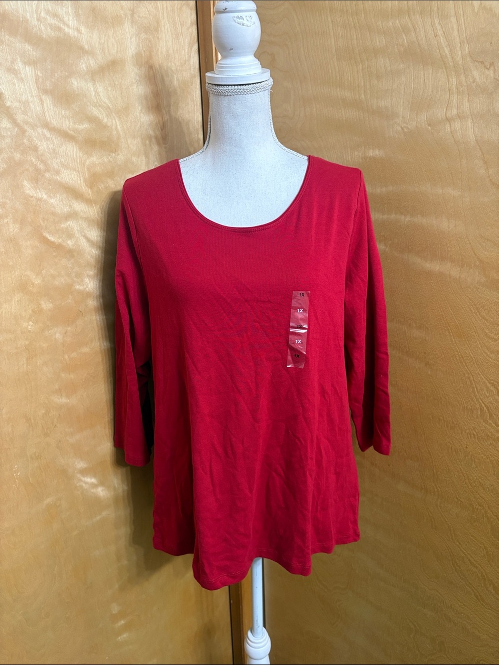 NWT Karen Scott Red Amore Table Essential 3/4 Length Sleeve Shirt 1X 100% Cotton